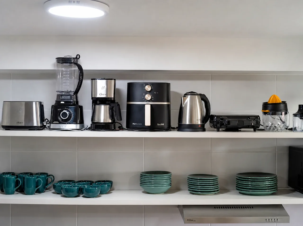 Prateleira da cozinha com liquidificador, cafeteira, air fryer, chaleira elétrica, sanduicheira e louça